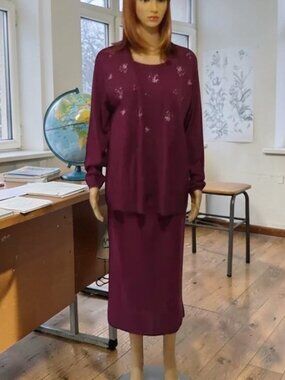 Vintage Cardigan Sweater Skirt Set 70s Southern Lady Burgundy Floral Medium NWT